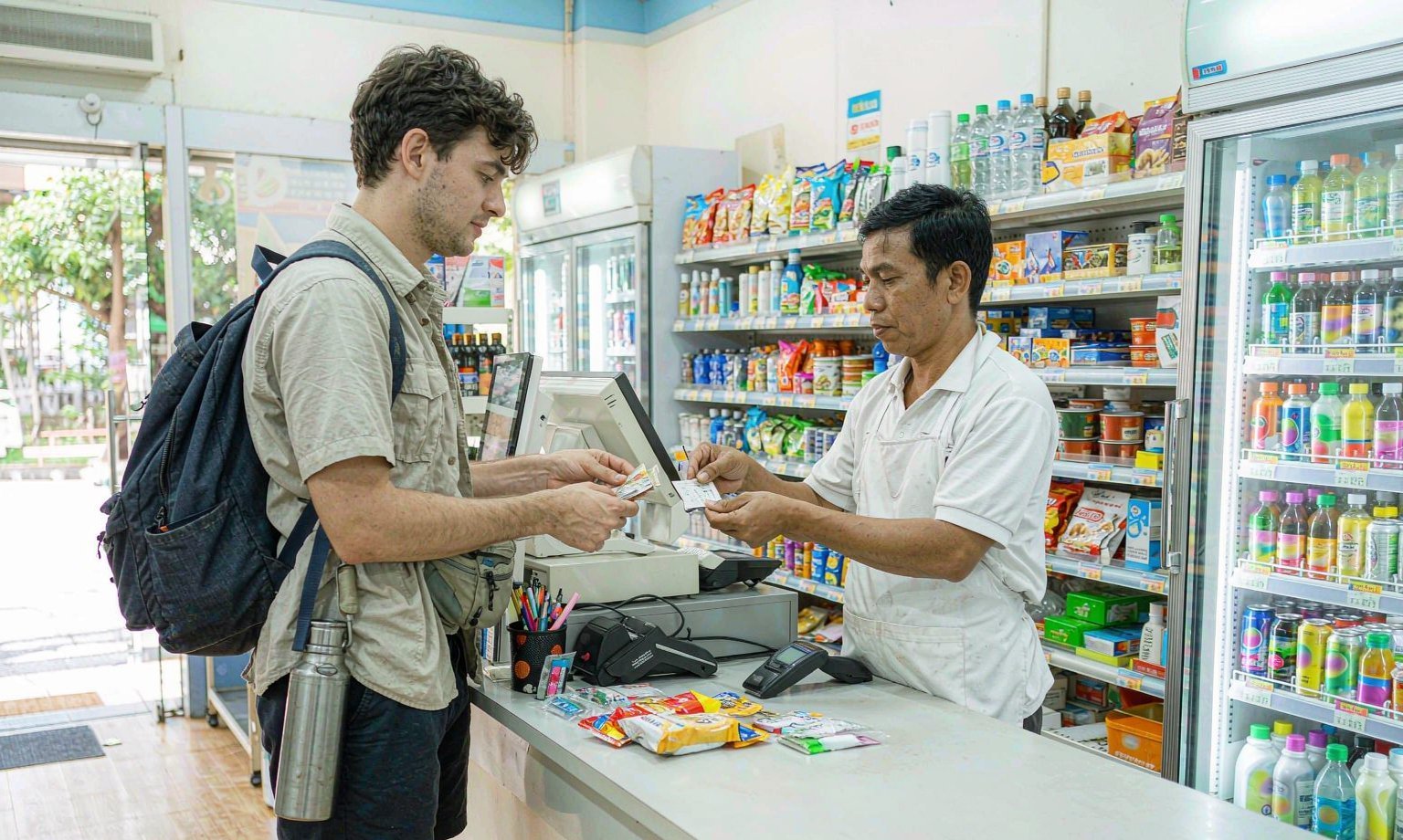 旅客在泰國便利商店櫃台購買 SIM 卡與儲值，超商是泰國預付文化的核心